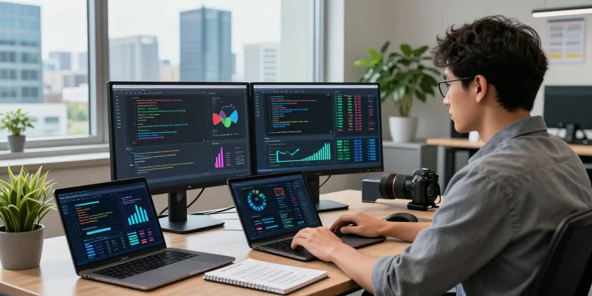 Cybersecurity analysis at shs-dome5.com with dual monitors and security tools in a modern workspace.