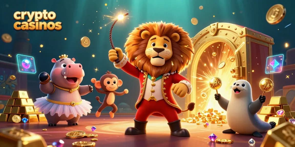 Élisez des crypto casinos avec une illustration dynamique d'un lion directeur de cirque et des pièces de Bitcoin.