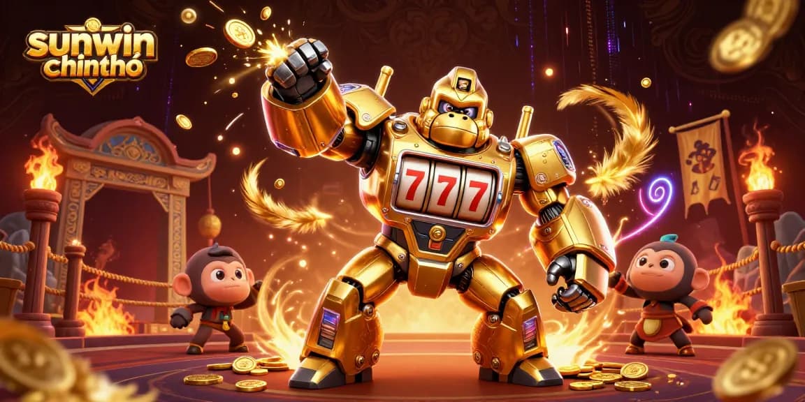 Engage with sunwin chính chủ as a golden gorilla mech explores a vibrant casino universe filled with coins and energy.