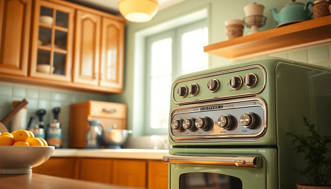 Retro Oven showcased in a bright, vintage kitchen with charming decor and fresh herbs.