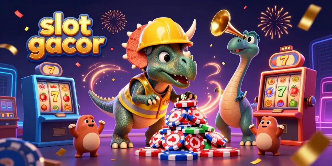 Celebrate winning strategies in slot gacor with triceratops and vibrant casino elements.