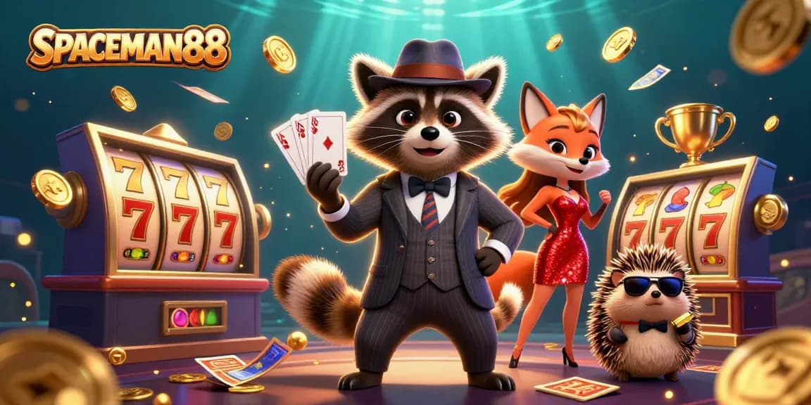Experience winning excitement with SPACEMAN88 as a raccoon shows a royal flush amidst thrilling slot game elements.