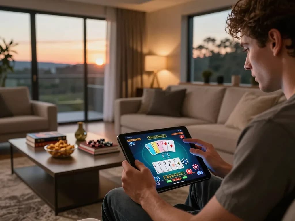 Player enjoying online blackjack on a tablet showcasing nk88e strategy and engagement in a cozy home.