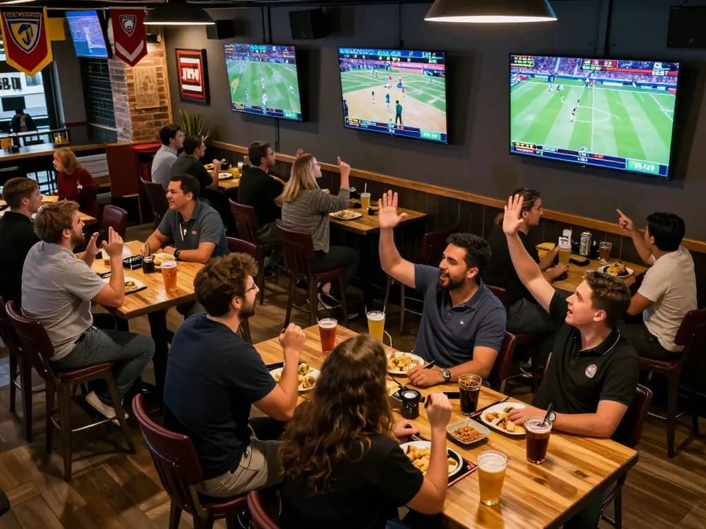 Engaged sports bettors celebrating a win at cm88-t1 in a lively sports bar atmosphere.