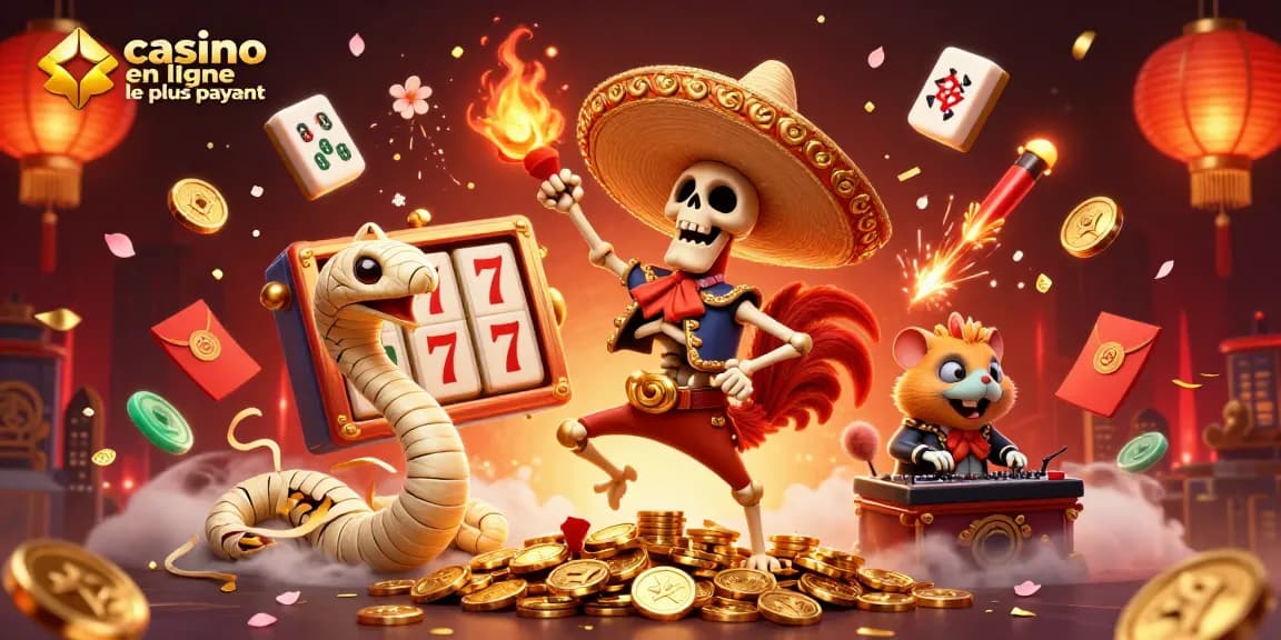 Illustration d'un jubilé dynamique au casino en ligne le plus payant, avec des personnages de jeu et des éléments festifs en 3D.