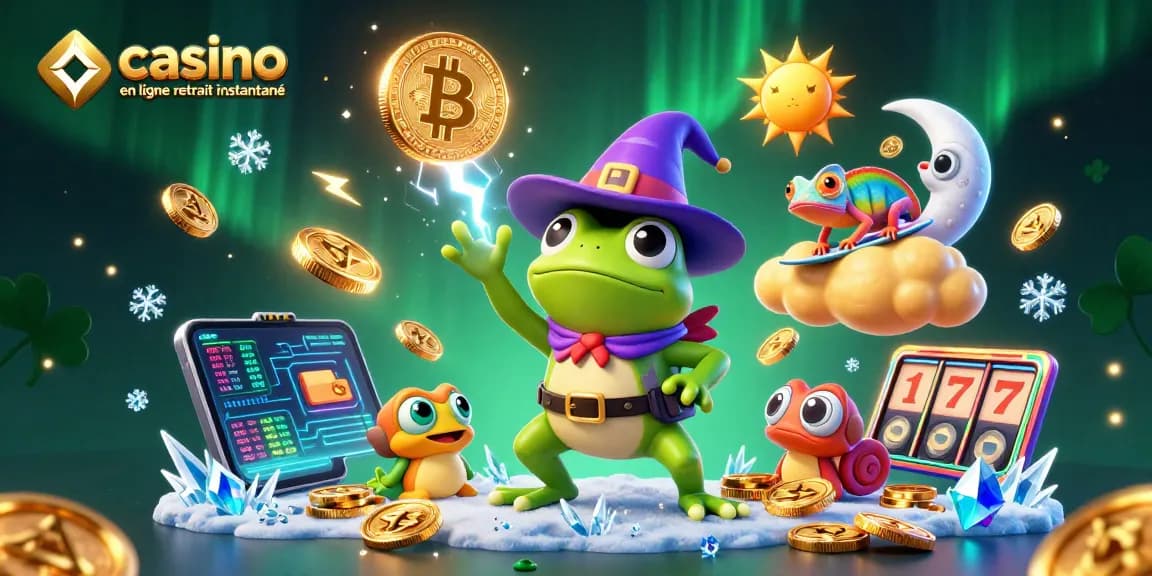 Jouez au casino en ligne avec retrait instantané, accompagné d'une illustration dynamique de personnages et éléments sur fond lumineux.