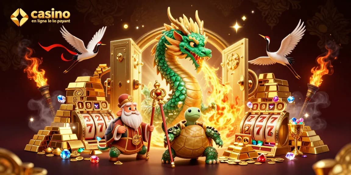 Illustration artistique d'un casino en ligne le plus payant avec un dragon émeraude et des trésors scintillants.
