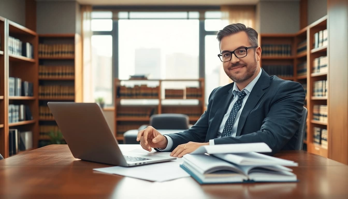 Engaging eminent domain lawyer analyzing legal documents in a bright office.