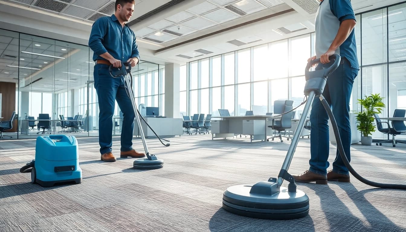 Efficient commercial carpet cleaners maintaining office carpets with advanced equipment.