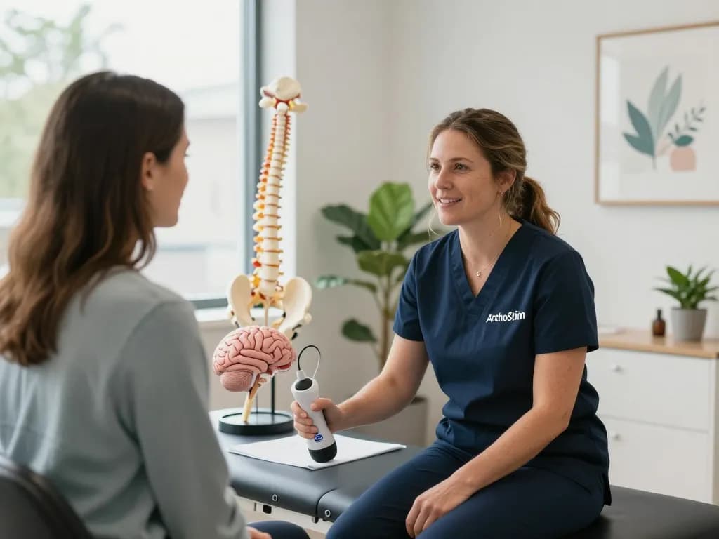 Brain-based chiropractic consultation at synapticdc.com with Dr. Andrea Smith and patient in a calming clinic.