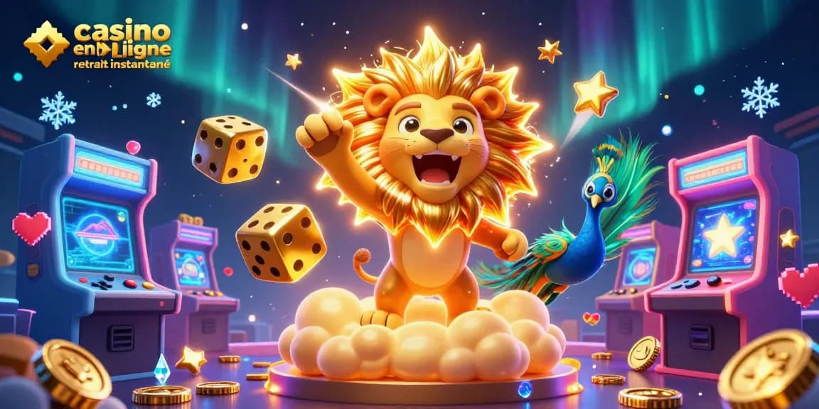 Profitez du monde vibrant du casino en ligne retrait instantané avec des éléments colorés et un lion solaire triomphant.