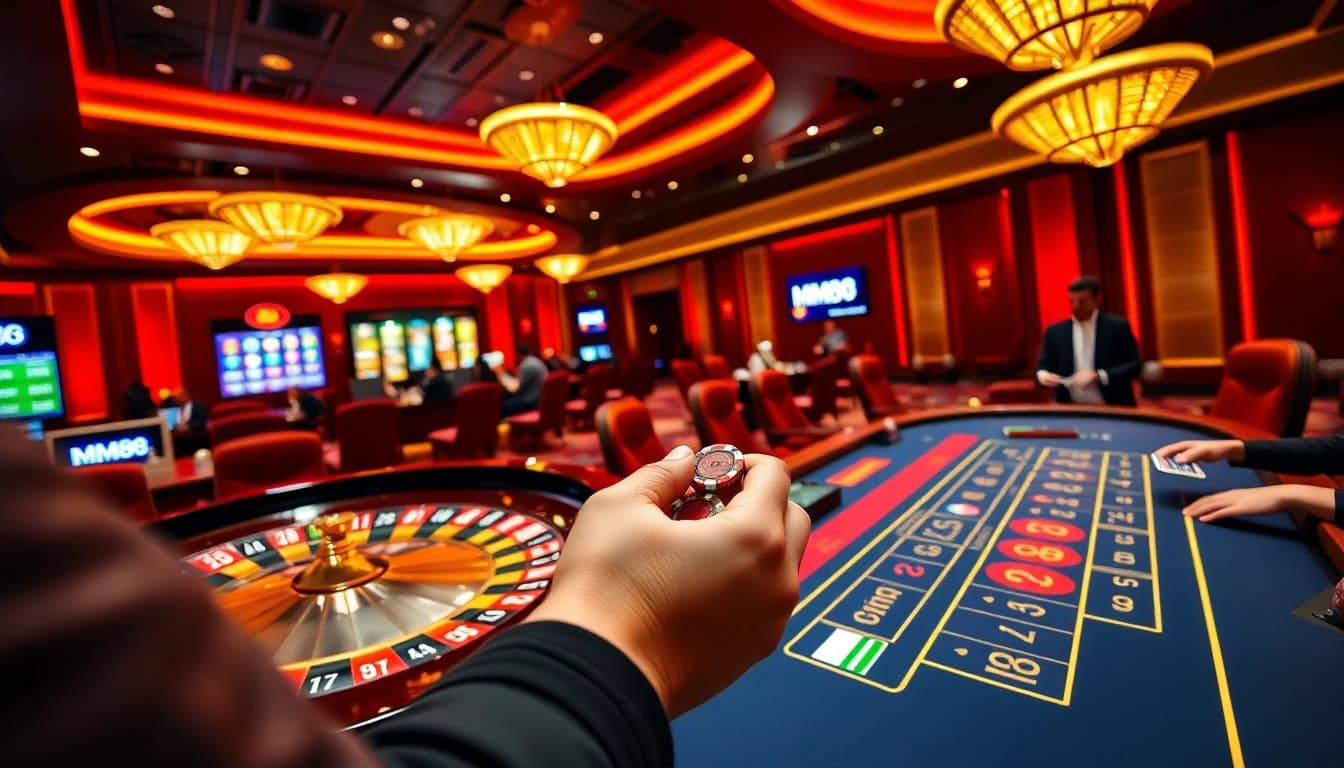 Experience high-stakes gaming at MM88 with poker chips on a luxurious casino table.