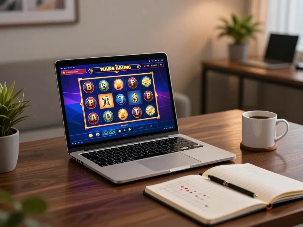 Playing slot online at home with modern laptop, coffee, and strategic notes.