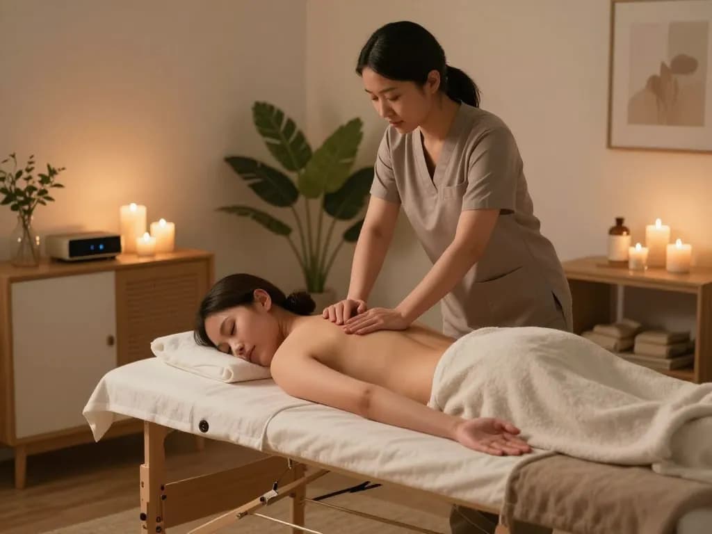 아늑한 집에서의 출장마사지 세션, 숙련된 치료사가 개인 맞춤형 케어를 제공하는 모습.