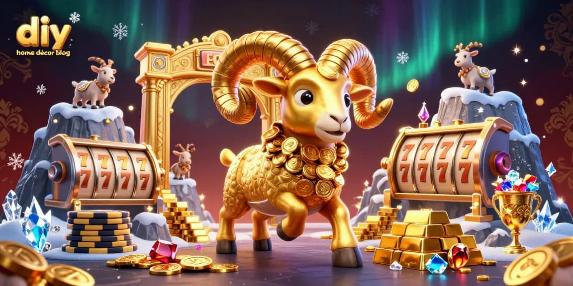 Engaging scene of a 3D cartoon massive golden ram charging at a golden gate in a vibrant casino setting, showcasing the diy home décor blog theme.