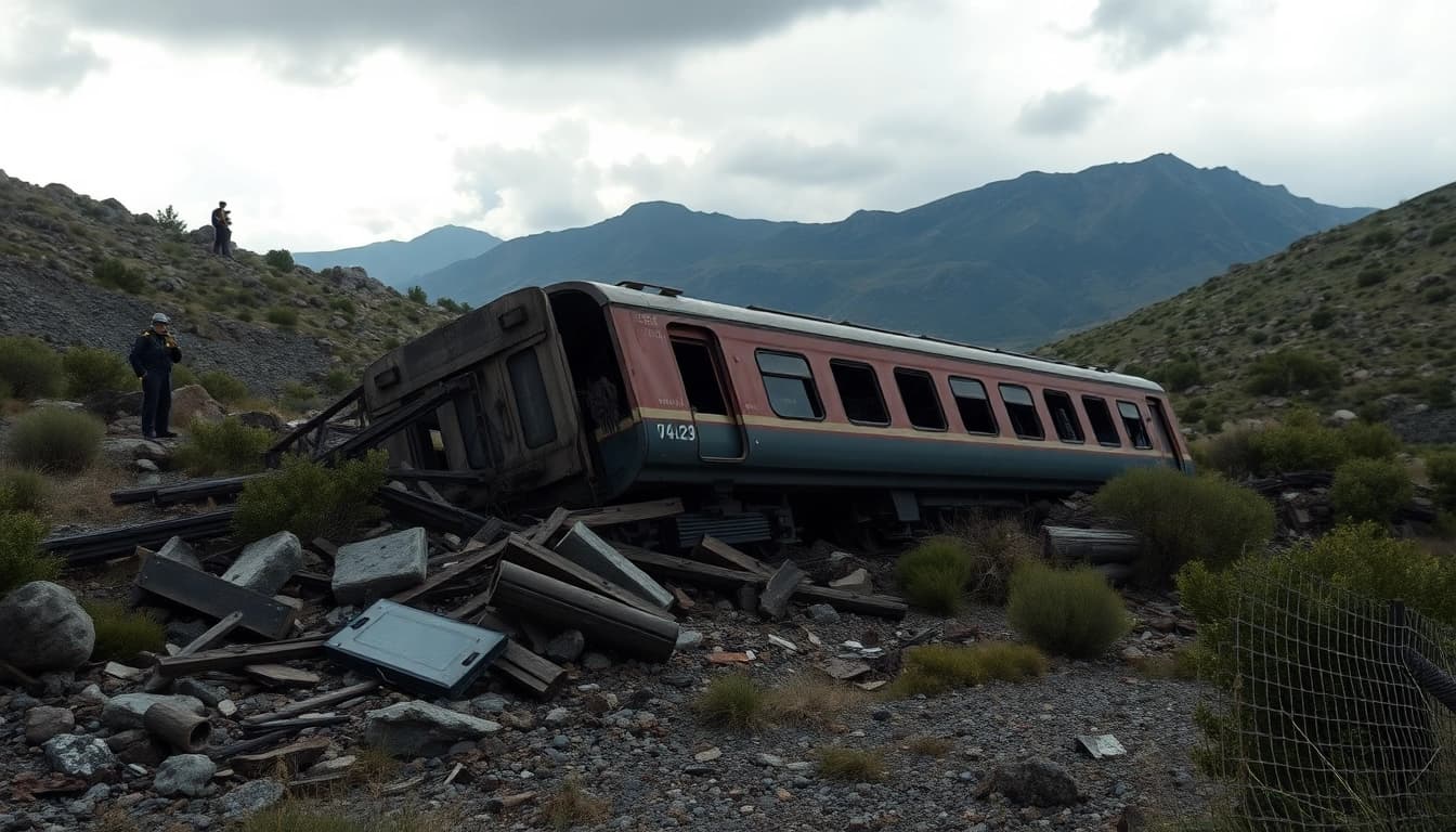 Emergency responders at the spain train crash site amidst a derailed train in a rugged landscape.