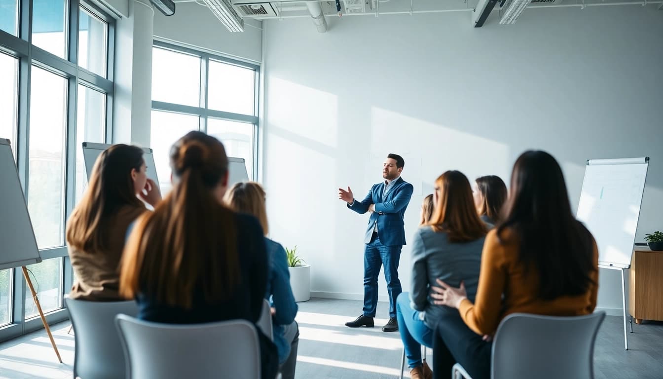 Leadership coach guiding a diverse team in a dynamic workshop setting.