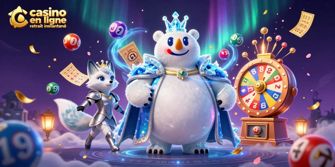 casino en ligne retrait instantané avec un ours polaire royal et un renard en armure entourés de jeux de loterie