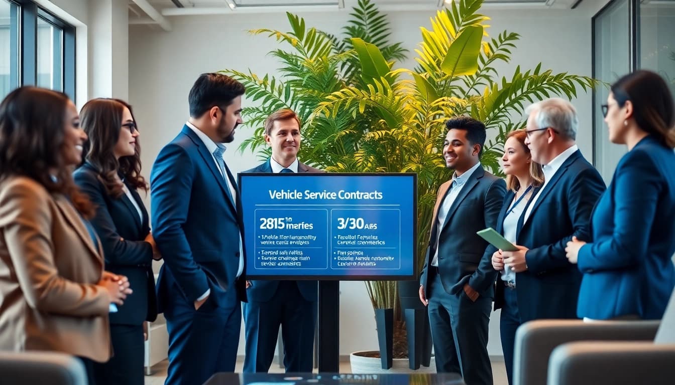 Team discussing options from a vehicle service contract provider in a vibrant office setting.