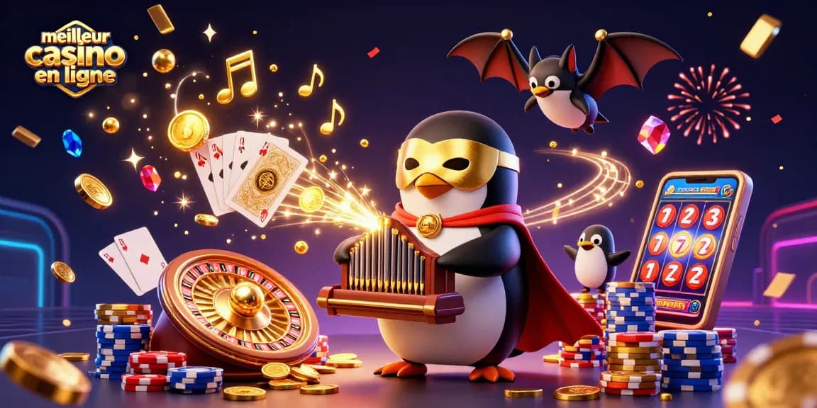 Actionnez le meilleur casino en ligne avec ce visuel captivant d'un pingouin fantôme et des éléments de jeu scintillants.