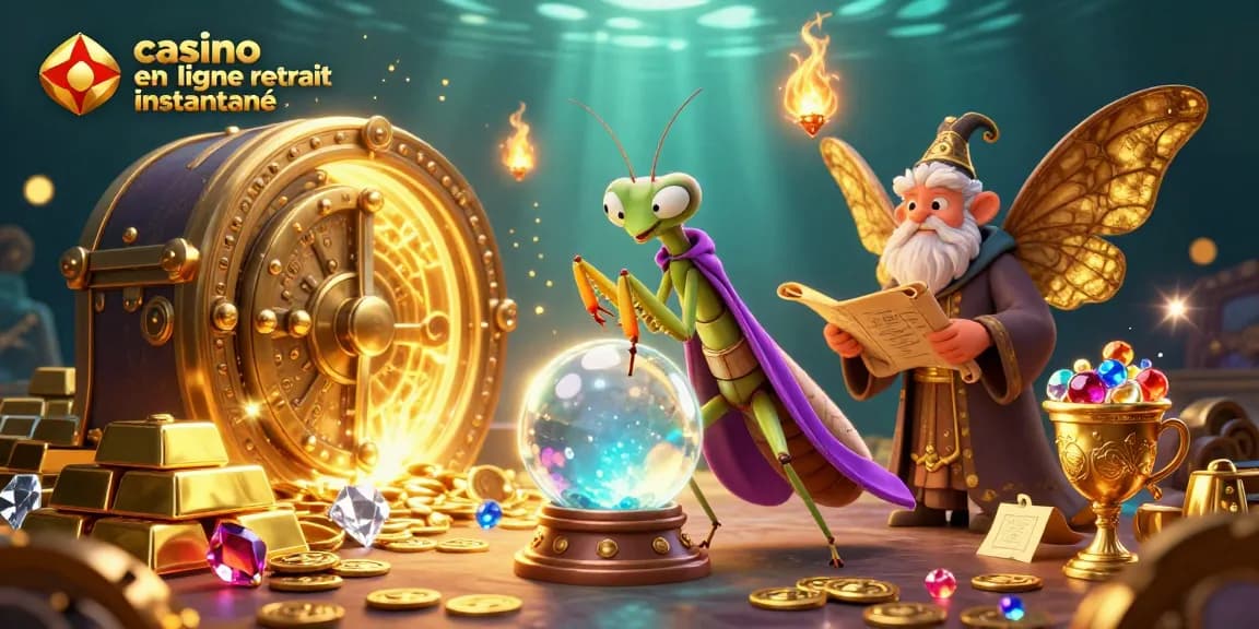 Gagnez avec le casino en ligne retrait instantané grâce à une illustration dynamique de voyant et trésors.