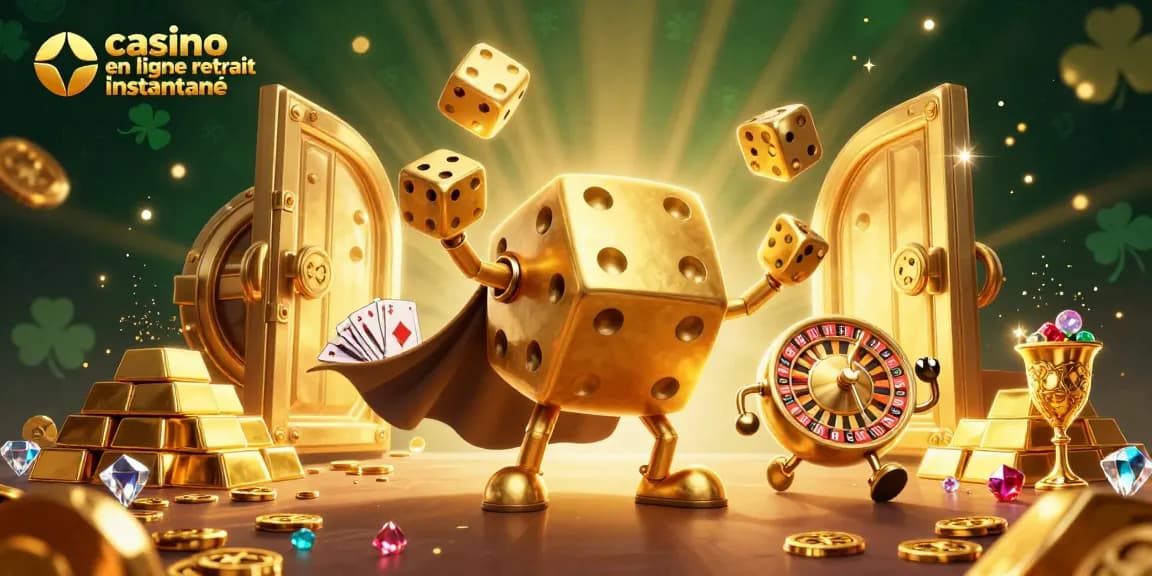 Illustration captivante de casino en ligne retrait instantané, avec un golem de dés et des éléments de jeu riches.