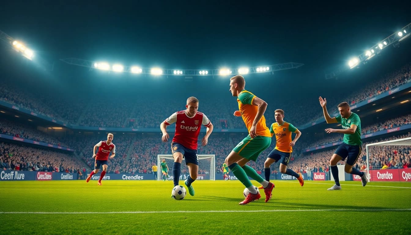 Experience thrilling ผลบอลพรีเมียร์ลีก action with players in a packed stadium setting.