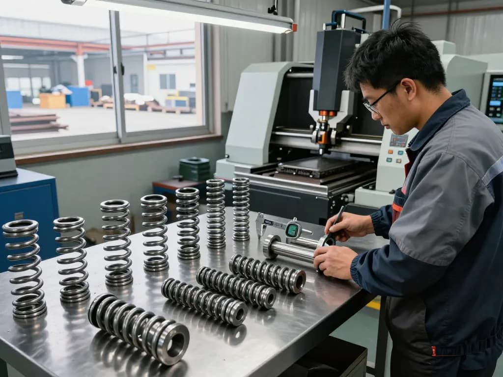 Tehnician expert inspectând arcurile de oțel într-un atelier industrial modern.