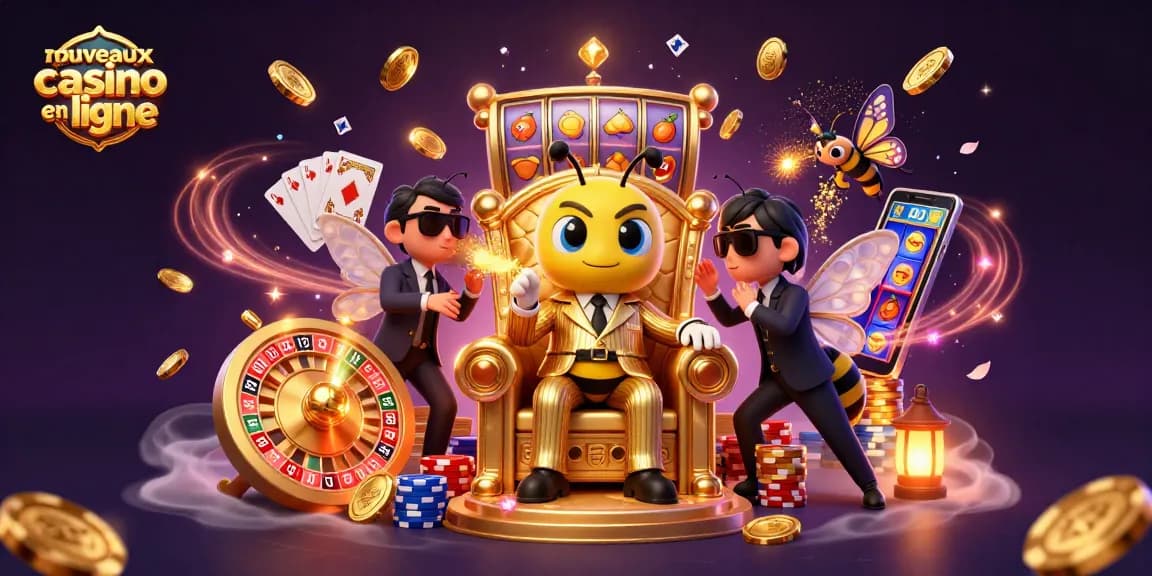 Un bumblebee chef de mob en costume flanqué de gardes, représentant les nouveaux casinos en ligne.