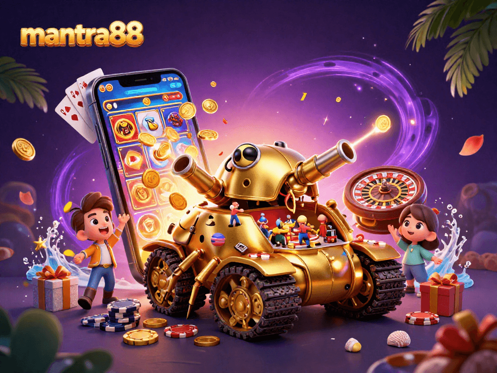 Play thrilling games on mantra88 with a vibrant scene featuring a digital casino and slot action.