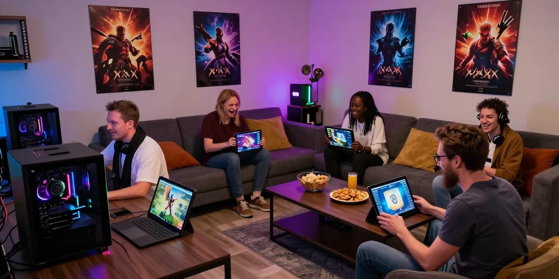 Engaging scene of adults playing xxx games in a modern gaming lounge, showcasing devices and vibrant atmosphere.