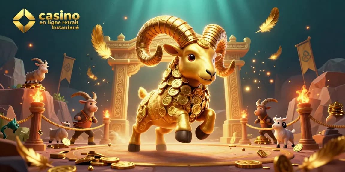 Plongez dans l'univers captivant du casino en ligne retrait instantané avec un ram doré et des pièces éparpillées.