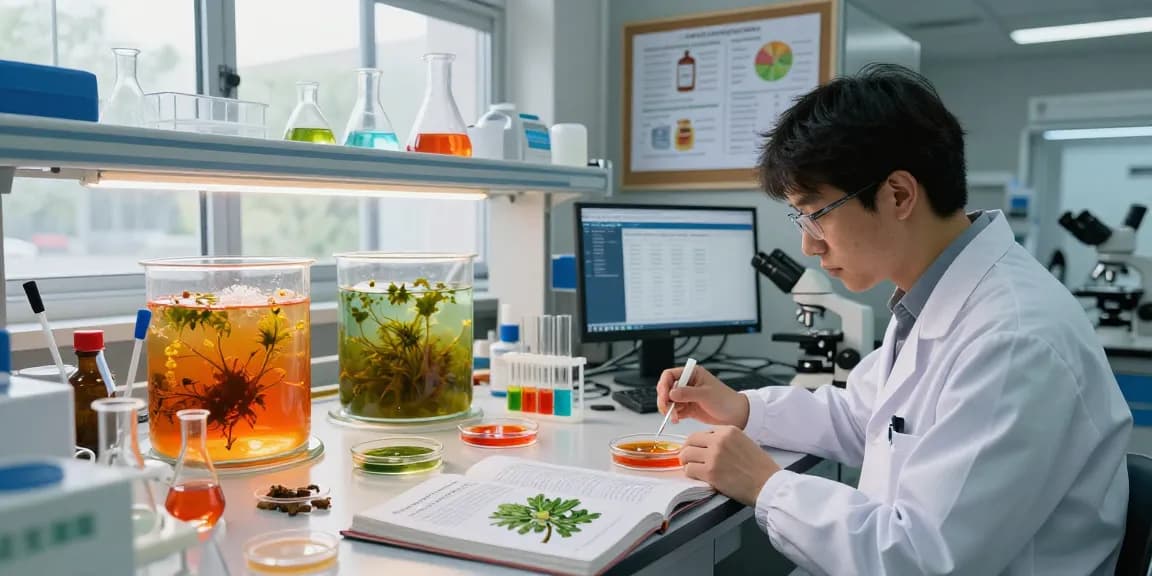 Researcher examining microalgae astaxanthin cultures in a lab, showcasing nutrition benefits and scientific exploration.