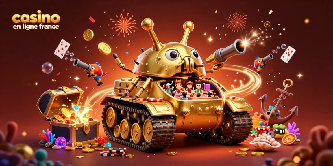 Découvrez le casino en ligne France avec cette illustration dynamique et colorée, où un tank doré révèle un casino miniature.