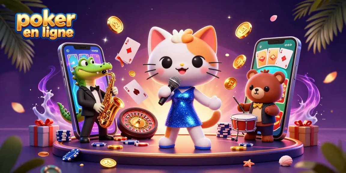 Jouer au poker en ligne dans un univers animé avec un chat chanteur, un crocodile saxophoniste et un ourson batteur.