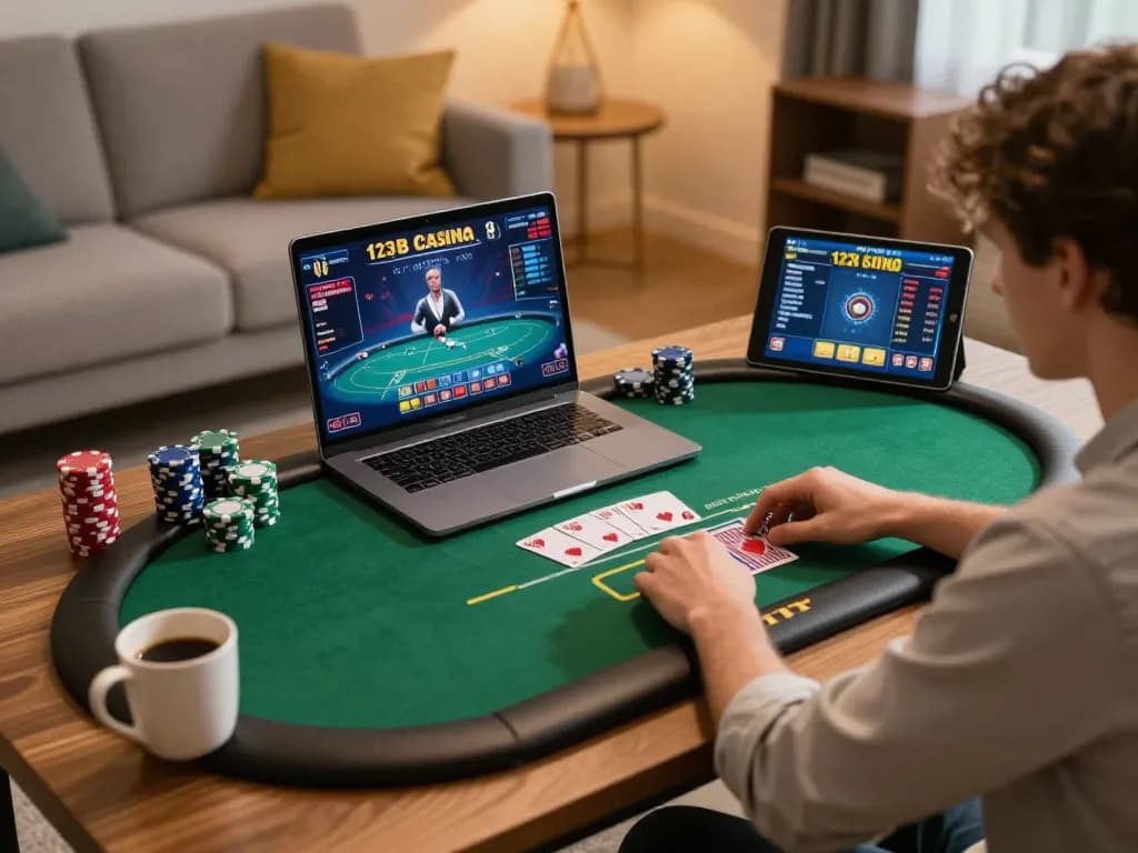 Player engaging in online poker gaming at 123b-bm, cozy home setup showing detailed game interface.