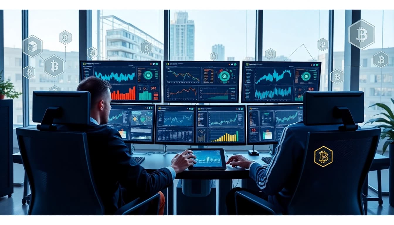 Dynamic workspace illustrating a crypto mining app development team with modern tech and vibrant visuals.