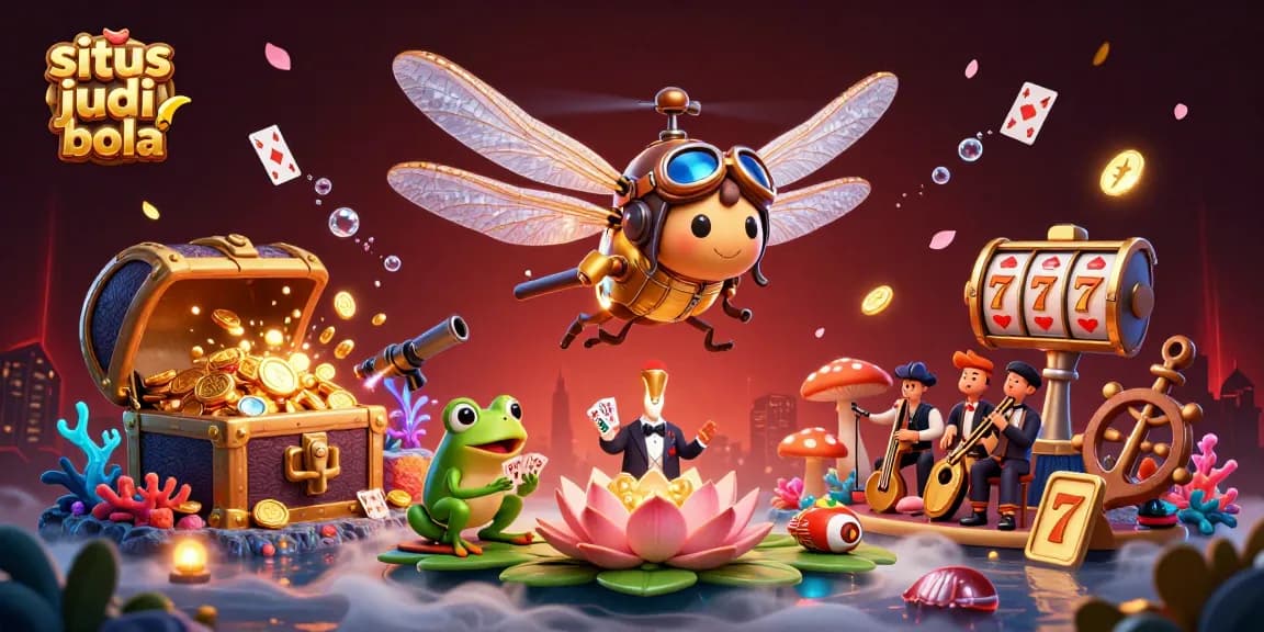 situs judi bola vibrant casino scene showcasing a dragonfly pilot, frog croupier, and jazz musicians
