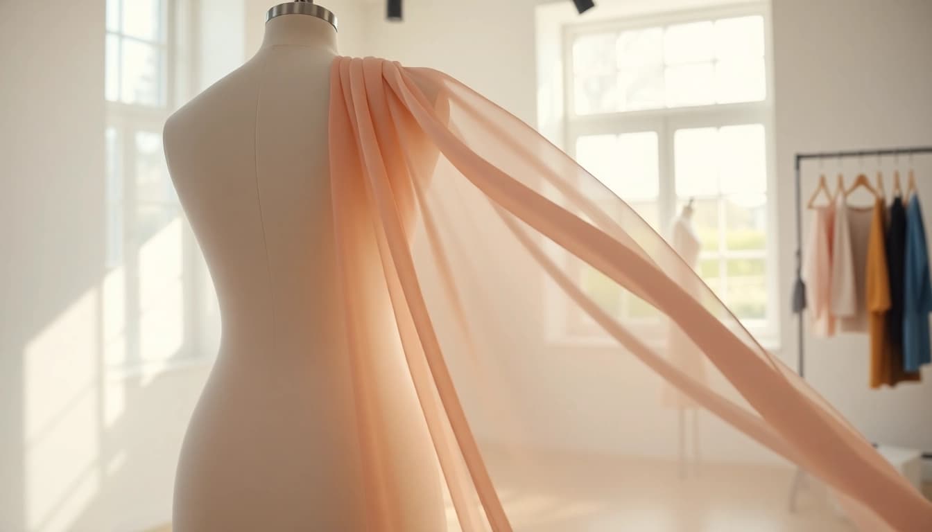 Chiffon stof elegant gepresenteerd over een paspop in een modieuze studio.
