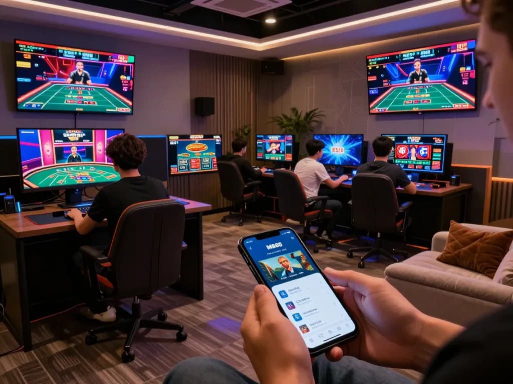Engaging scene of online gaming with multiple screens featuring MB88-bm live dealer games in a modern setup