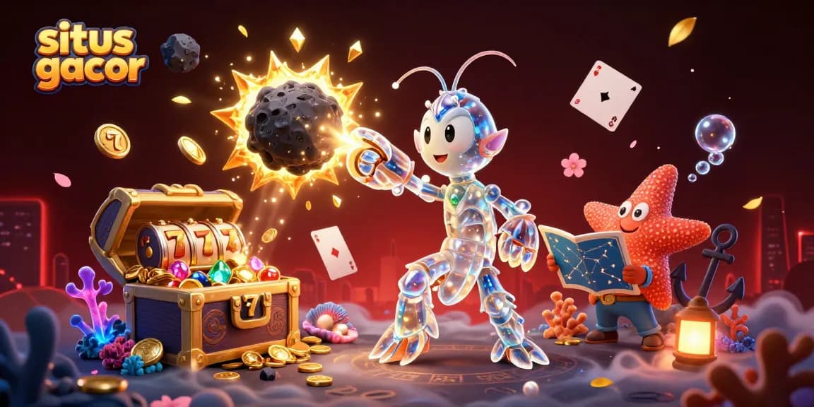 Experience the thrill of situs slot gacor with vibrant characters and dynamic casino elements in a captivating underwater scene.