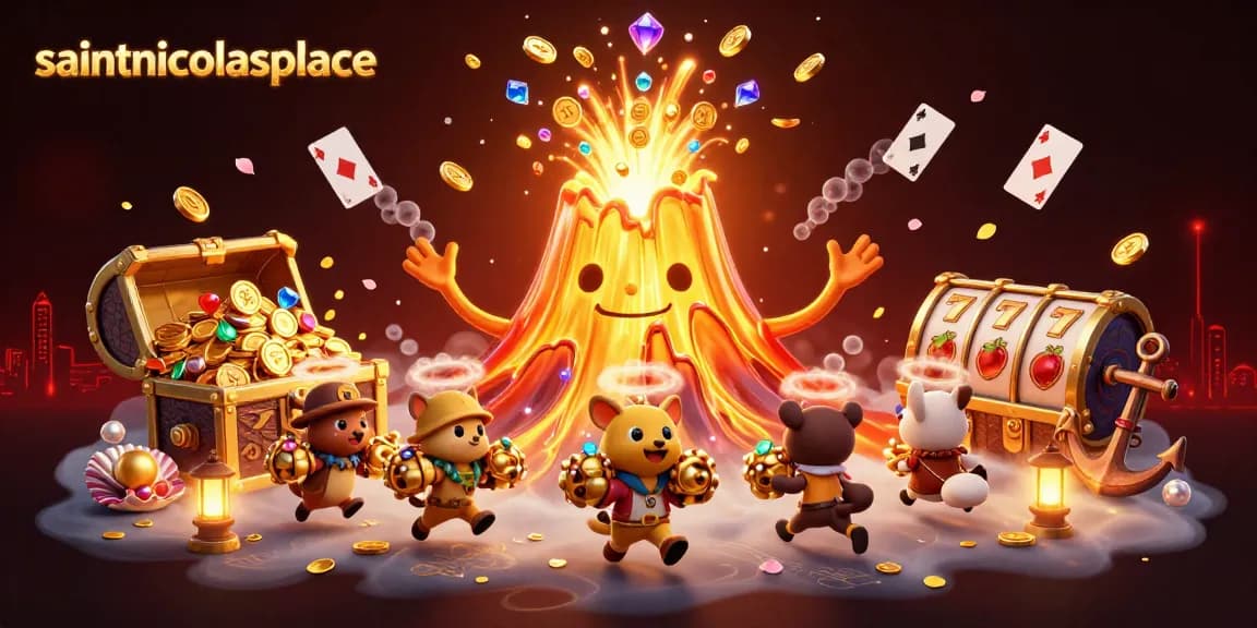 Enhance your gaming at saintnicolasplace with a triumphant volcano erupting treasure and vibrant casino elements.