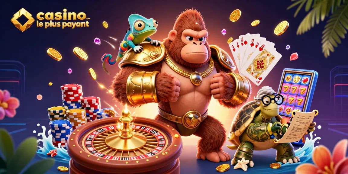 Des personnages de casino en ligne le plus payant s’affrontent avec des éléments de jeu scintillants autour.