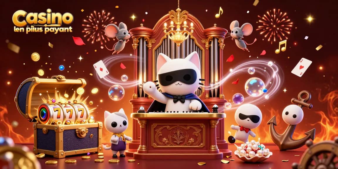 Visualisez le casino en ligne le plus payant avec un chat masqué et un acrobate souris au-dessus d'un orgue de casino.