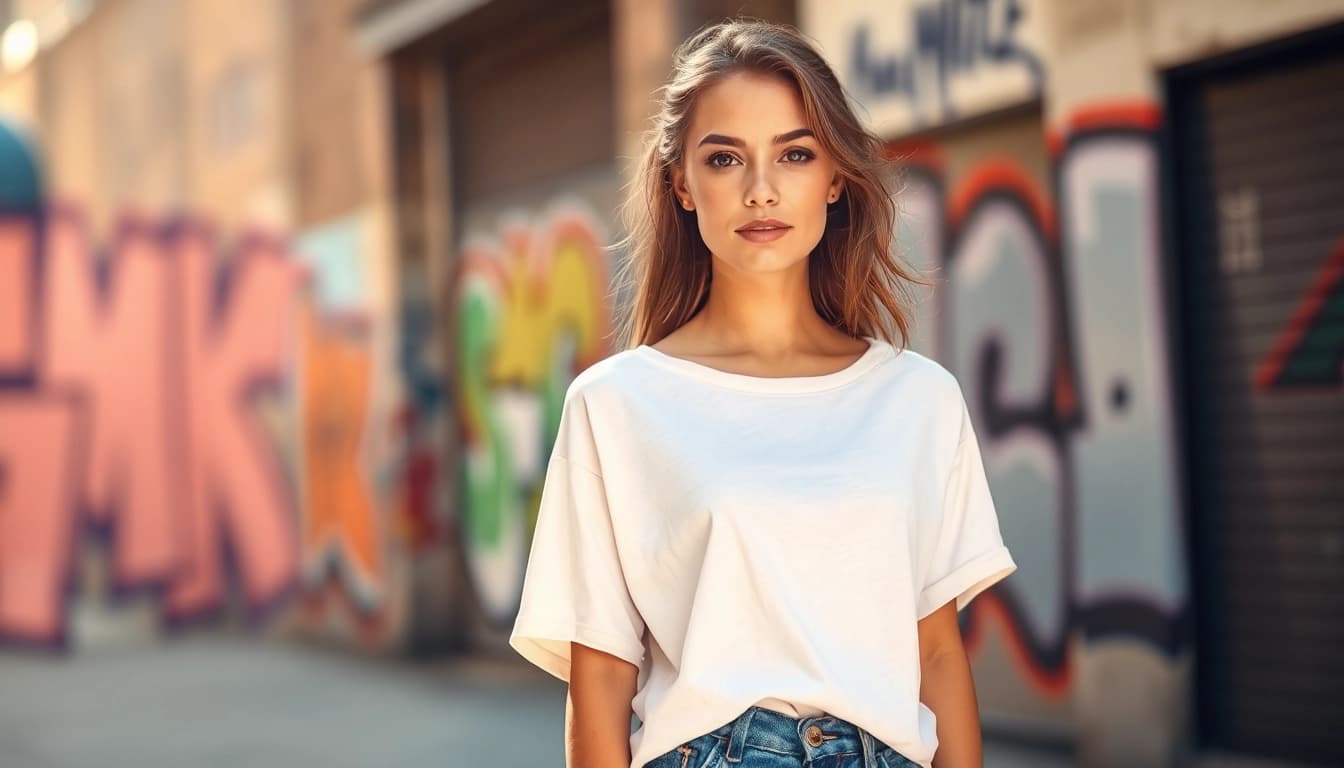 Model showcasing a stylish drop shoulder t shirt in a vibrant urban setting.
