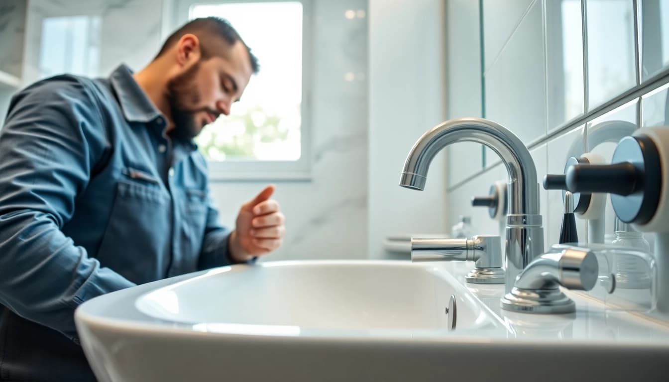 Installateur von sonni sanitär GmbH bei der Installation eines modernen Waschbeckens.