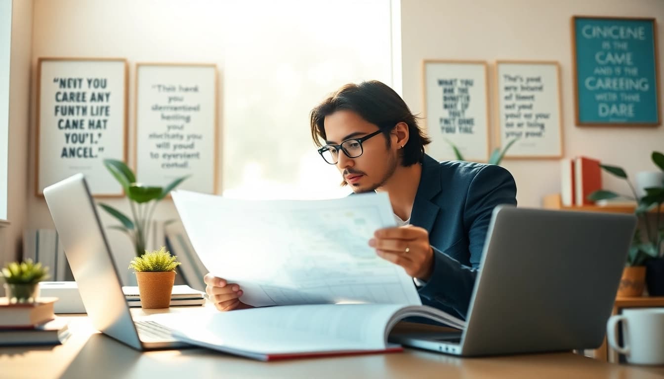 Find my true calling reflected in a professional analyzing career paths in a serene workspace.