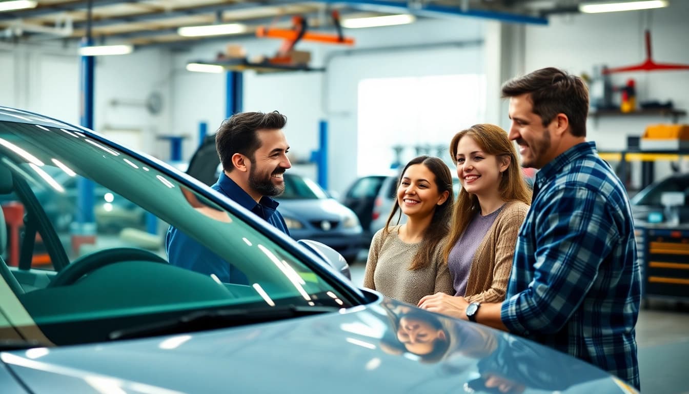 A family discussing an auto protection plan with a mechanic in an engaging garage setting.