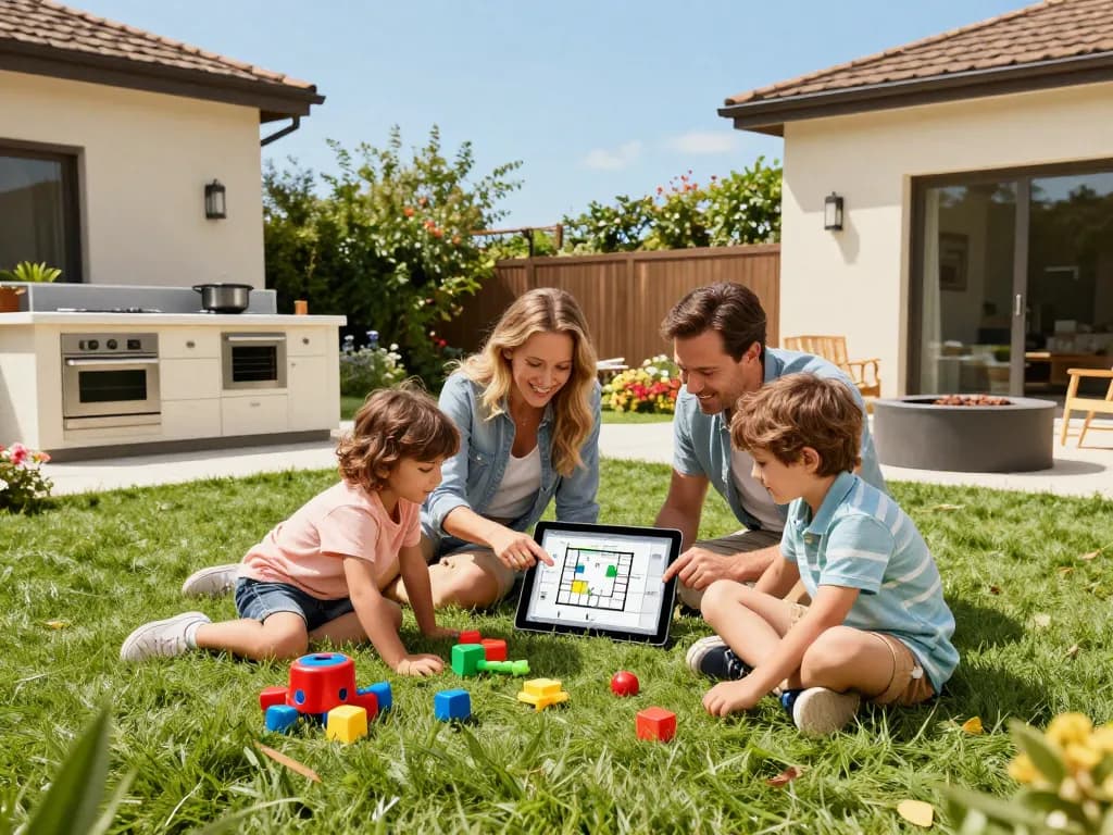 Family using outdoor living configurator to design a sunny backyard space with joy.