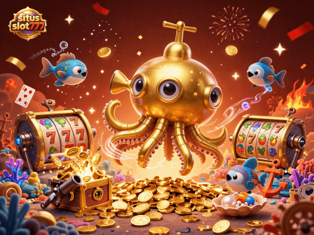 situs slot777 brings luck with a festive underwater jackpot scene of golden kraken and treasures